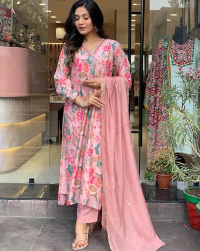 ANNI DESIGNER Womens Rayon Blend Printed Straight Kurta with Pant & Dupatta (Maslin-Multi_L_Peach_Large)