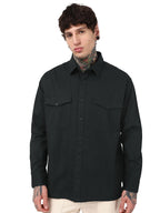 Bewakoof Mens Solid Oversized Fit Full Sleeve Collar Cotton Shirt_662124_Black_XL