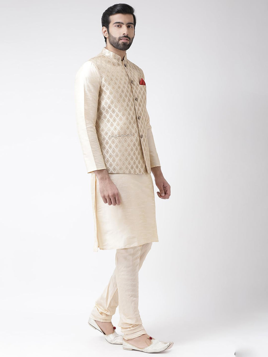 Kisah Men Red Layered Kurta Churidar With Nehru Jacket, Full Sleaves, Knee Length, Straight, Regular Fit, Mandarin Collar Ethnic