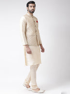 Kisah Men Red Layered Kurta Churidar With Nehru Jacket, Full Sleaves, Knee Length, Straight, Regular Fit, Mandarin Collar Ethnic
