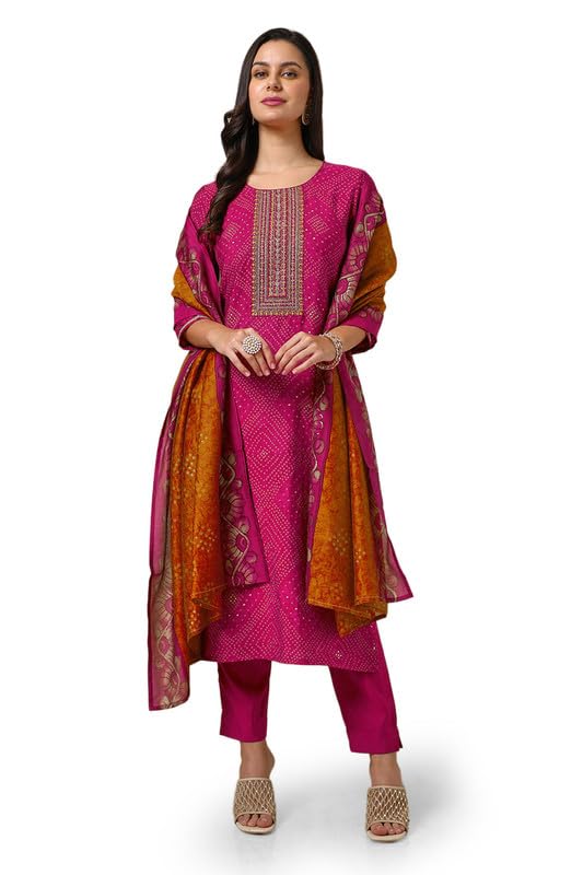 Soch Women Viscose Blend Bandhani Print Suit Set with Thread Work