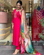 ANNI DESIGNER Womens Rayon Blend Embroidered Straight Kurta with Pant & Dupatta (OCB Pink_L_Pink_Large)