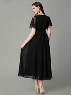 Selvia Western Dress For Women| Solid Cap Sleeve Georgette Western Dress For Women | Keyhole Neck Fit & Flare Dress For Women |