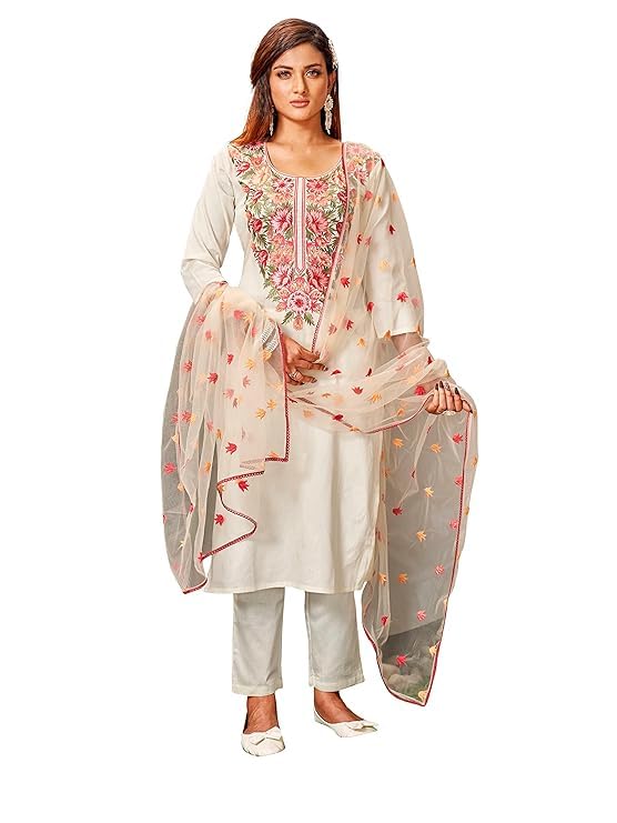 Womanista Women'S Cotton Embroidered Kurta Set (Kurtaset_1120A_Off White