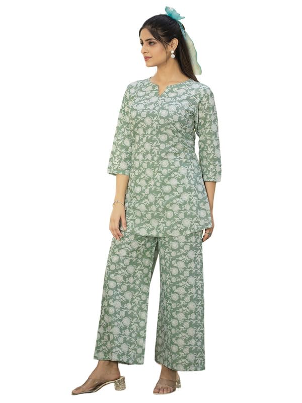 Pinkmint WomenS Pure Cotton Co Ord Set L Flower Printed Co Ord Set L Stylish Pocket & 3/4 Sleeve Women Co-Ord Set