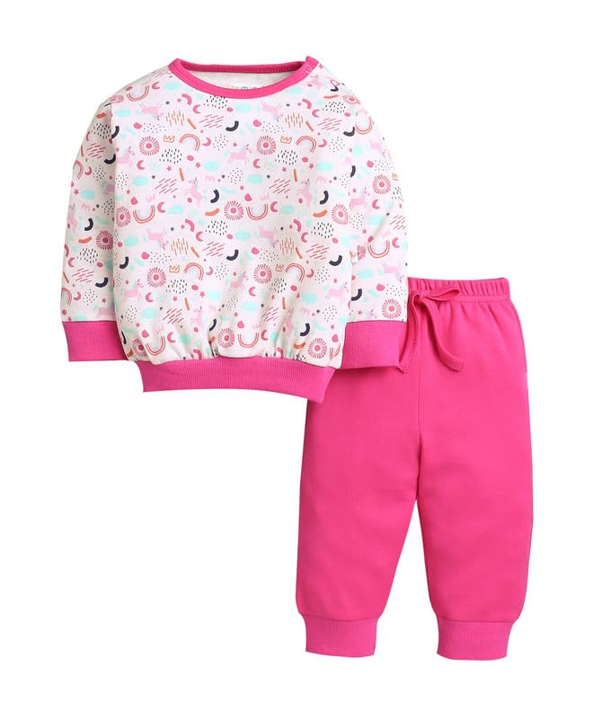 BUMZEE Baby Girls Cotton Round Neck Full Sleeves Animal Print T-Shirt & Jogger Set Baby Pink & Pink - 12-18 Months (Peb11085D-bp