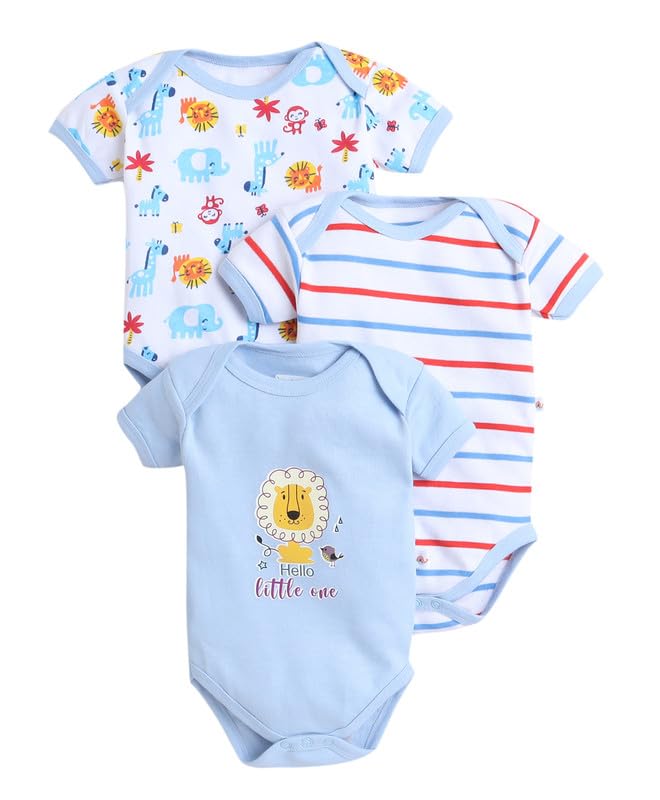 BUMZEE Sky Blue & White Boys Half Sleeves Bodysuit Pack Of 3 Age - New Born (Peb9441A-sbl.wht)
