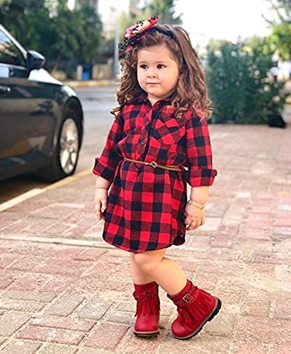 Toddler Girls Boy Clothes Plaid Flannel Long Sleeve T-Shirt Tops Kid Christmas Outfits(3-4T) Red-a
