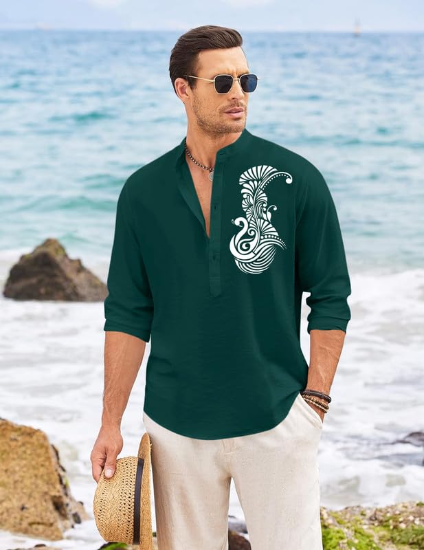 Finivo Fashion MenS Printed Cotton Blend Short Kurta With Artistic Chest Design | Stylish Full Sleeve Casual Kurta With Mandarin