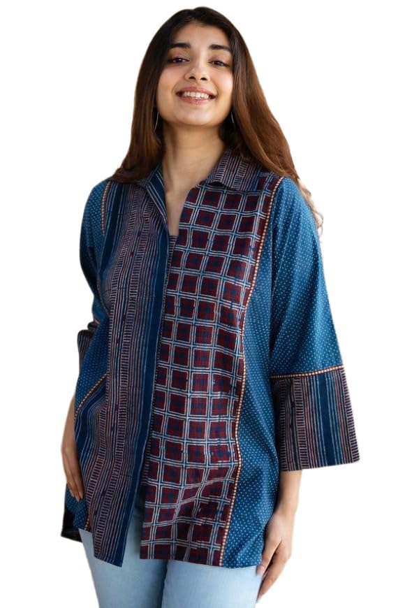 GoSriKi Womens Tunics Tops Rayon Viscose Printed Shirt for Women (QADIRA Blue-GS_L_Blue_Large)