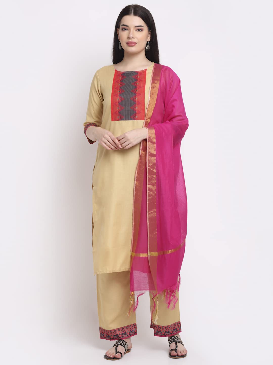 Anni Designer Women'S Cotton Straight Kurta With Palazzo & Dupatta (Kpzd-Cot-10012-Beige)