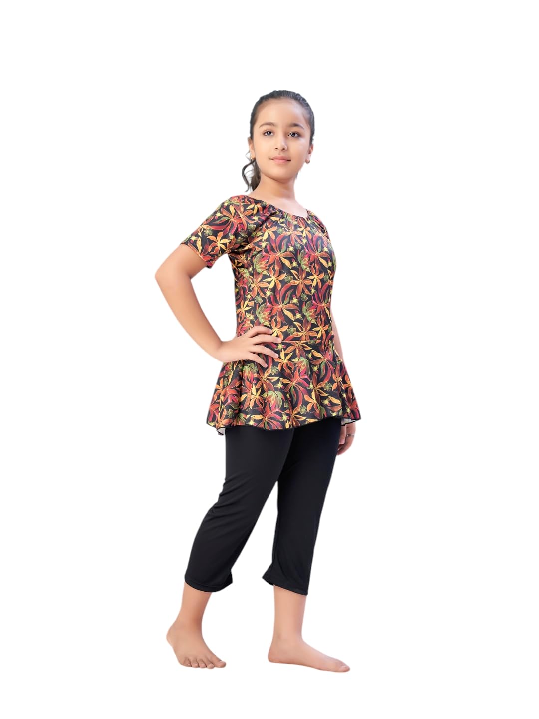 Aarika Girls Sports Wear Yellow-Black Colour Floral Print Nylon Swim Suit (5-15 Years)-(SW-SHM-C-1112)