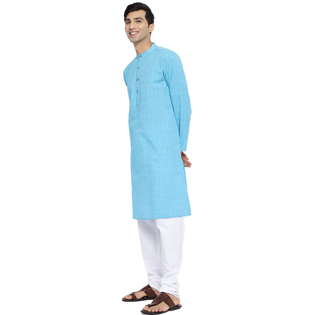 Fabindia MenS Cotton Woven Relaxed Kurta (102883202_Lightblue