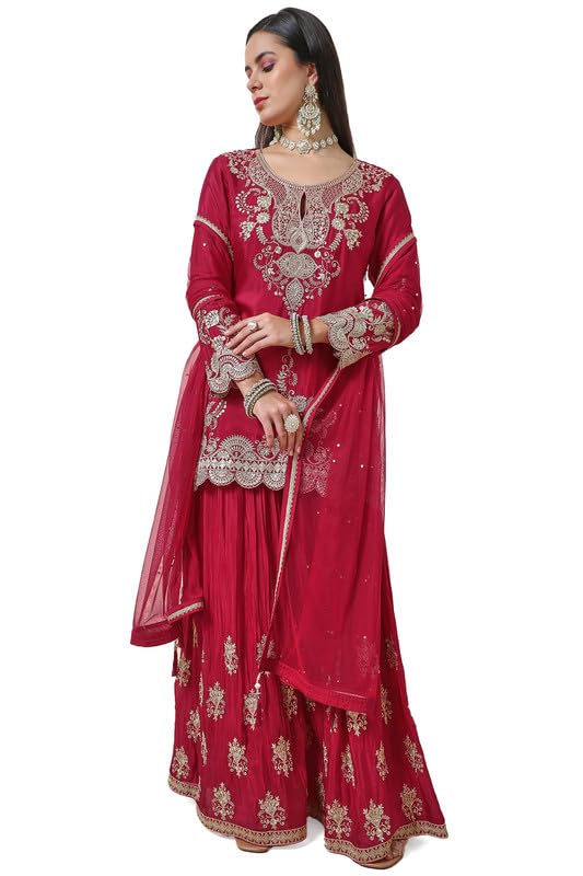 Soch Women Zari Embroidered Chinon Sharara Set with Dupatta