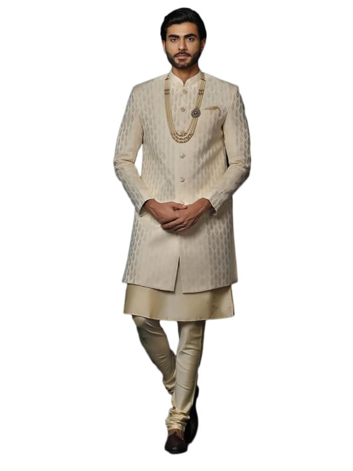 Kisah MenS Kurta Sherwani Churidar Set Indo-Western, Cream Cotton Blend, Self Design Long Sleeves Regular Fit Mandarin Collar (