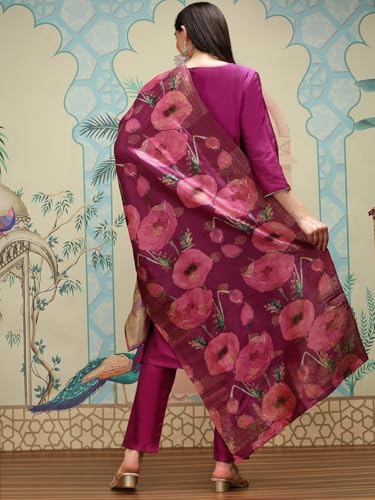 Ishin Notch Neck Silk Crepe Straight A-Line Kurta With Trousers & Dupatta | Kurta Set For Women | Kurta With Trousers And Dupatt