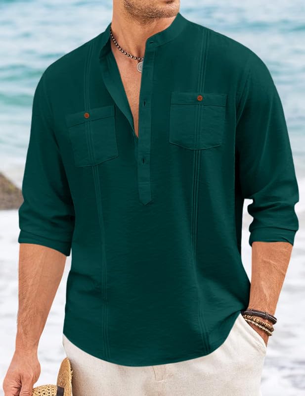 Macsivo Cotton Blend Solid Casual Short Kurta For Men Long Sleeve Mandarin Collar Stylish Shirt Kurta For Men Green