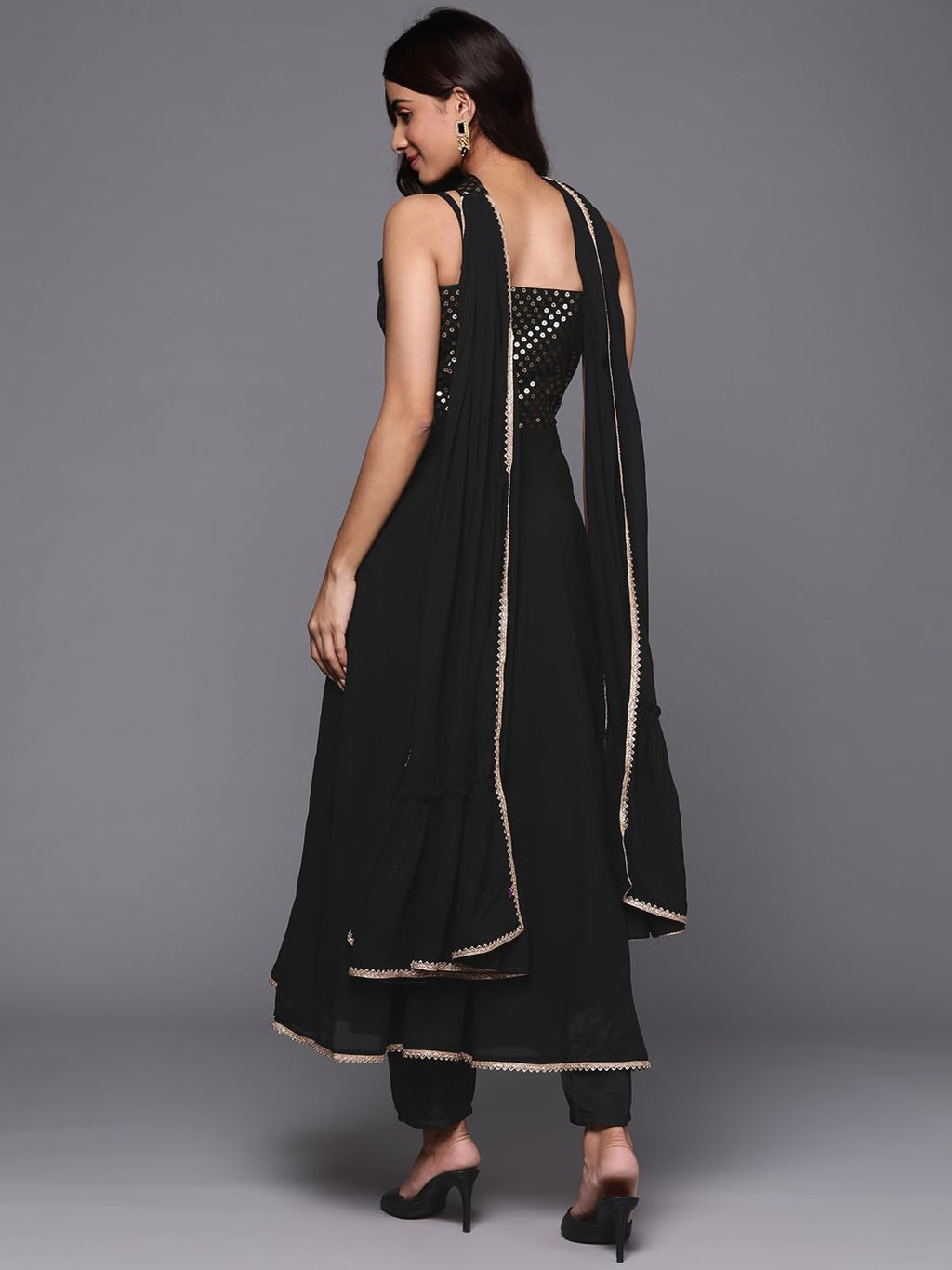 Libas Womens Embroidered Georgette A-Line Kurta With Trousers And Dupatta