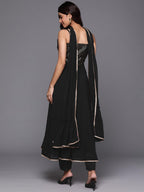 Libas Womens Embroidered Georgette A-Line Kurta With Trousers And Dupatta