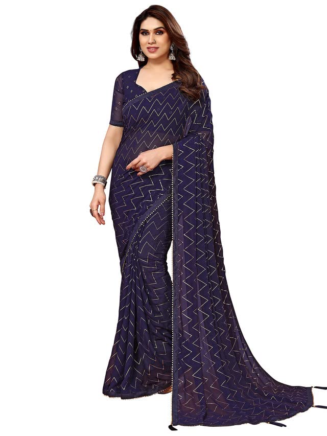 Satrani WomenS Georgette Foil Print Saree With Unstitched Blouse Piece(3066S2123N_Blue)
