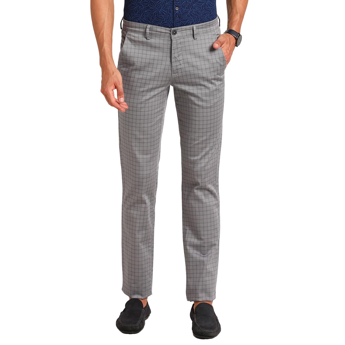 Turtle Men Ultra Slim Fit Grey Flat Front Checkered Cotton Stretch Casual Trouser