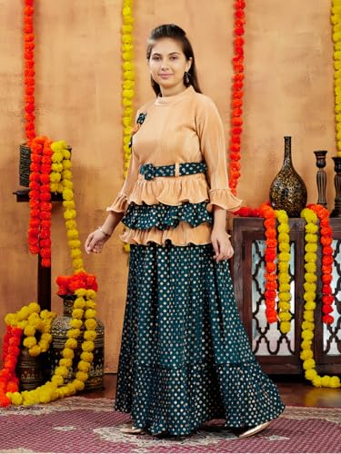 Aarika Girls Ethnic Wear Beige-Green Colour Foil Print Nylon Lehenga Choli Set With Belt (5-16 Years)