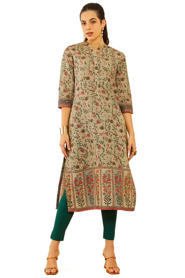Soch Women Linen Floral Printed Straight Kurta