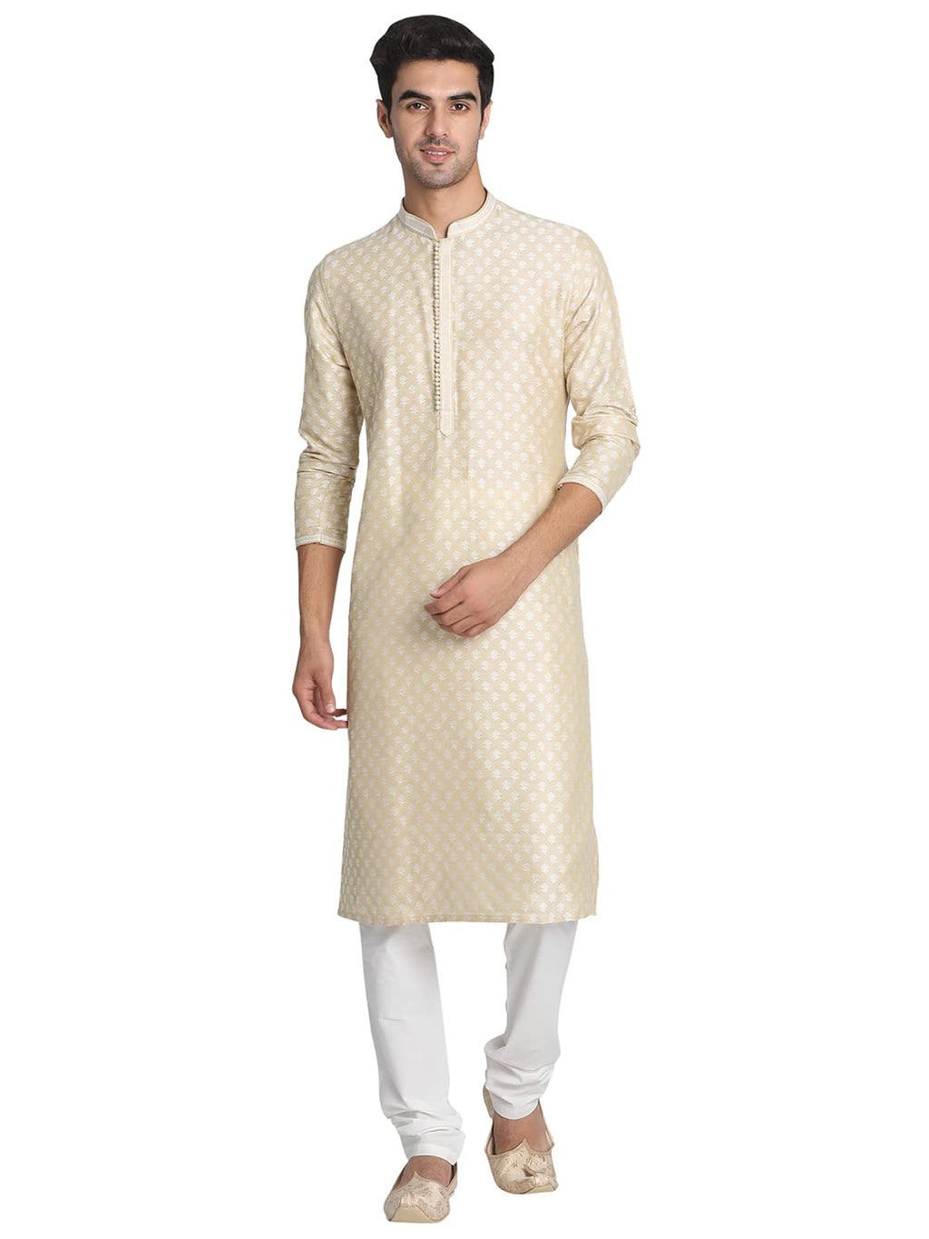 Manyavar Jacquard Print Knee Long Full Sleeves Kurta And Churidar Set For Men - (Beige, X-Large)
