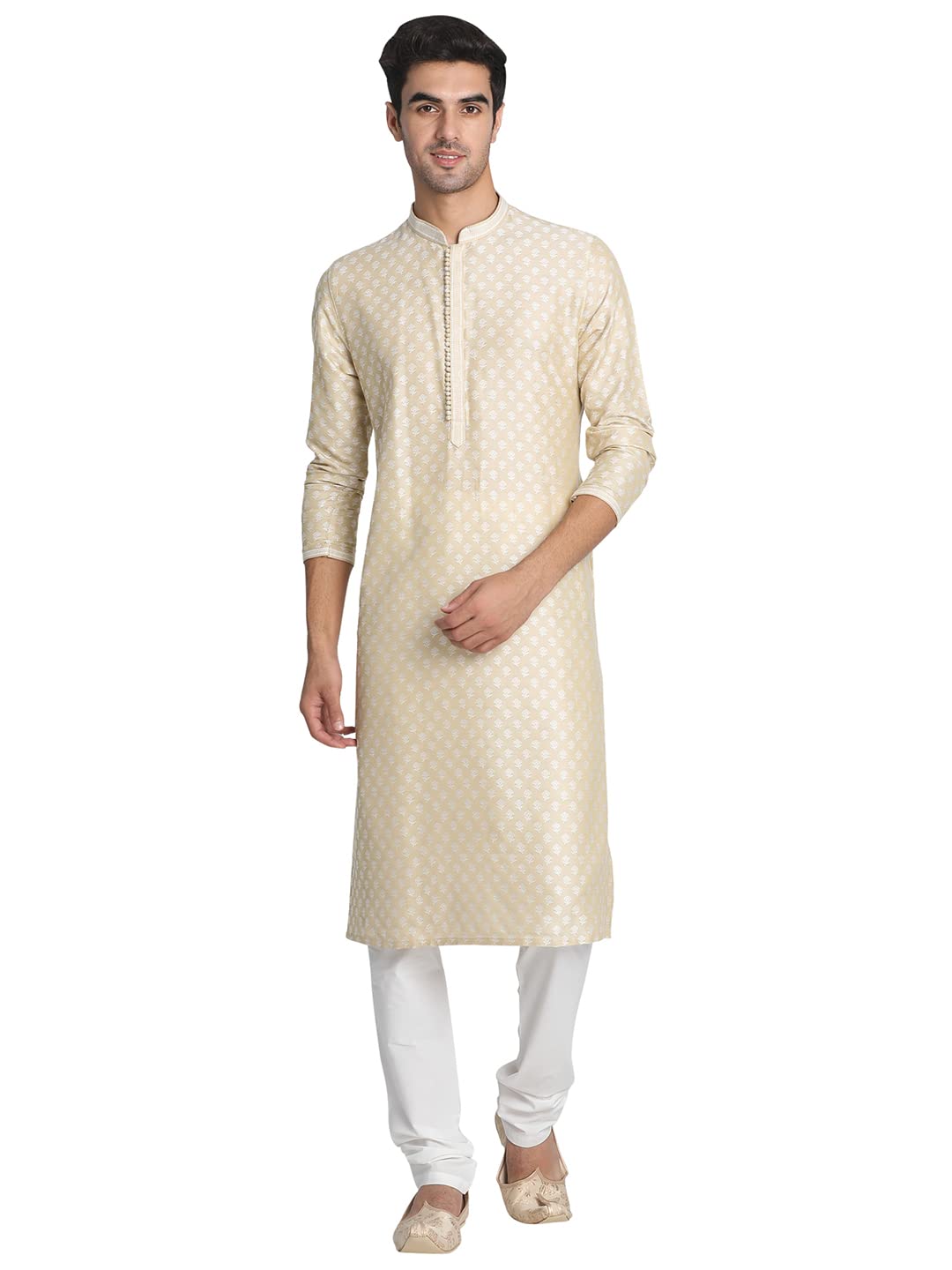 Manyavar Jacquard Print Knee Long Full Sleeves Kurta And Churidar Set For Men - (Beige, X-Large)
