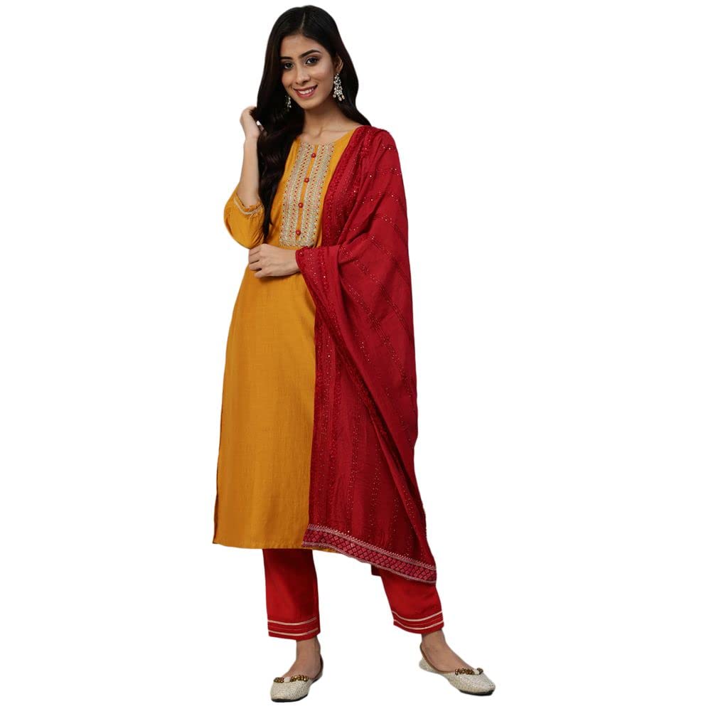 Anubhutee Women'S Yellow Layered Thread Work Pure Cotton A-Line Kurta Suit Set With Pants And Dupatta (Anu2111148L)