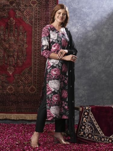 ANNI DESIGNER Womens Rayon Blend Straight Printed Kurta with Pant & Dupatta (Poona Black-VKS01_M_Black_Medium)