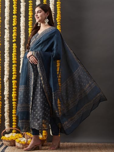 ANNI DESIGNER Womens Cotton Blend Straight Printed Kurta with Pant & Dupatta (Kabala Blue_L_Blue_Large)