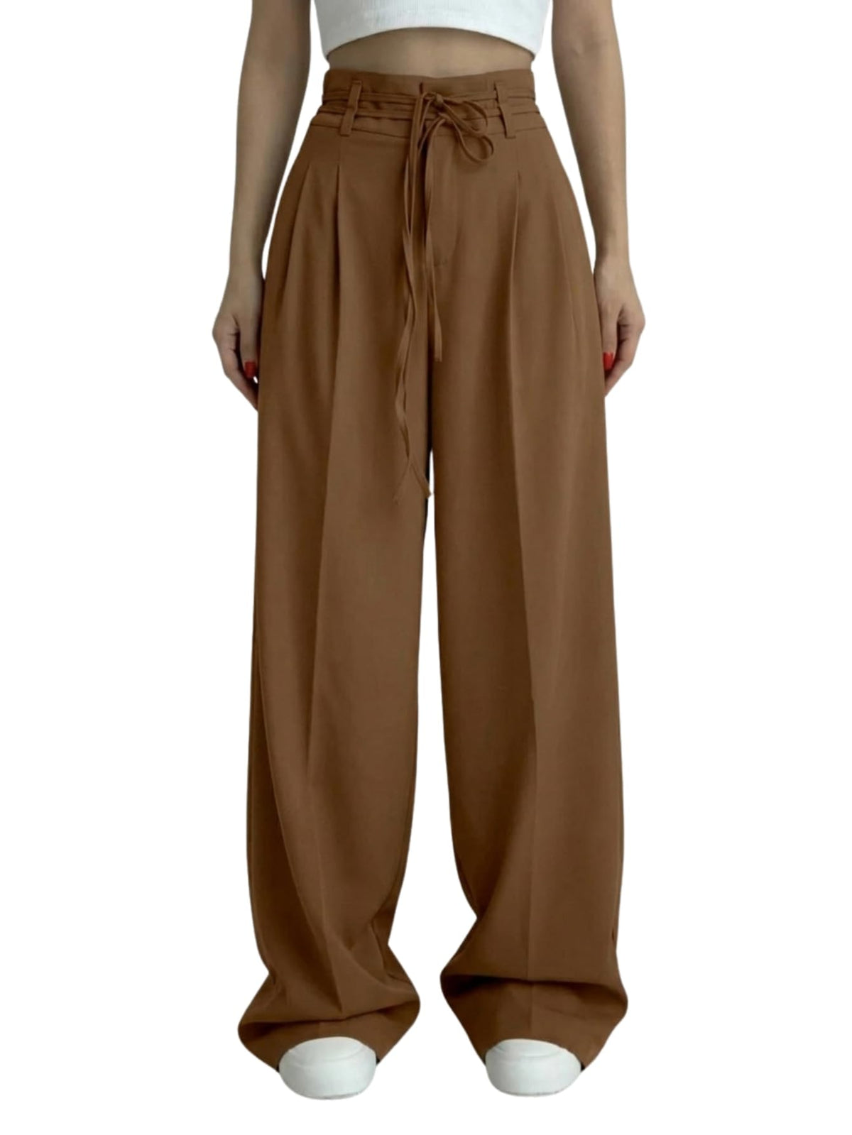 Aahwan Brown Solid High Fabric Belt Waist Straight Korean Loose Pleated Wide Leg Trouser For WomenS & GirlS(367Brown28) 28
