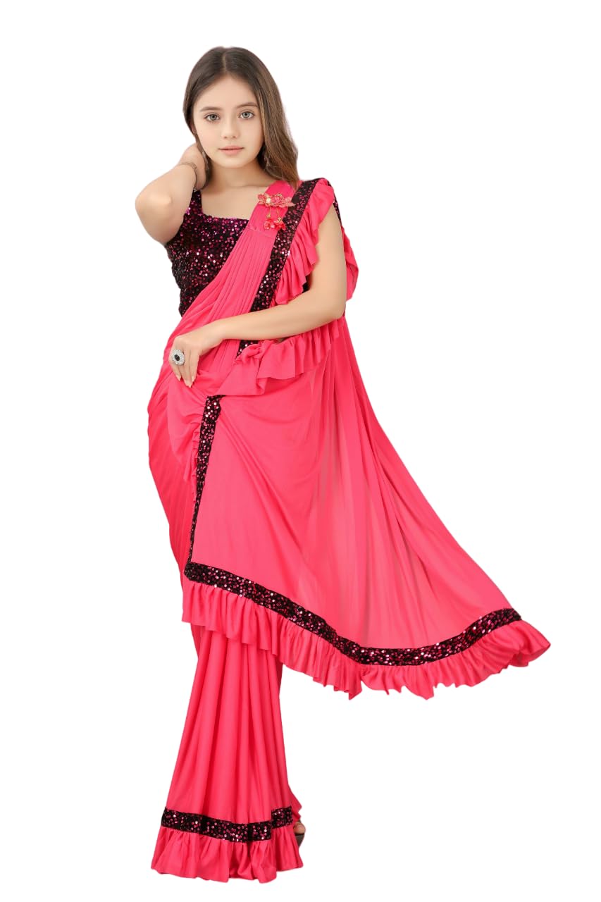 Dhyey Fashion Fashionable Baby Girls Lycra Blend Saree With Velvet Unstitched Blouse Piece | Readymade Saree For Girls | Sarees