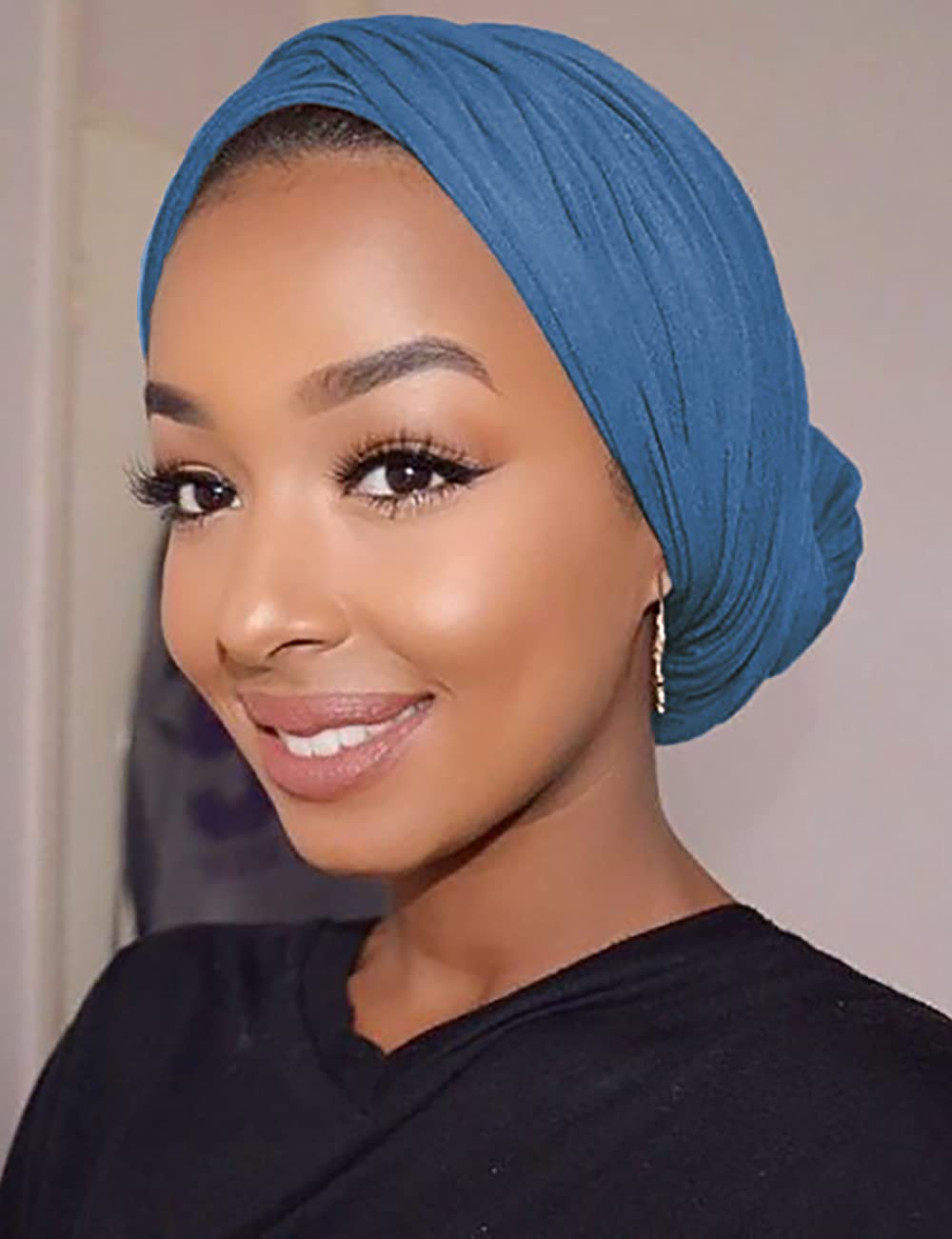Harewom Headscarf for Black Women Fashion Long Stretch Jersey Turban Hair Wrap for Muslim Locks Headbands Steel Blue