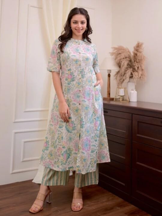Shiv Textiles WomenS Cotton Printed A-Line Kurta With Pant Set | Kurta Sets For Women | Comfortable & Stylish.(Kp-301-Offwhite-