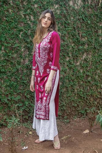 ANNI DESIGNER Womens Rayon Blend Straight Chikankari Embroidered Kurta (Victoria Pink_M_Beige_Medium)