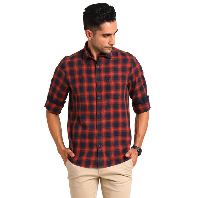 Turtle Men 100% Cotton Slim Fit Casual Check Red Shirt