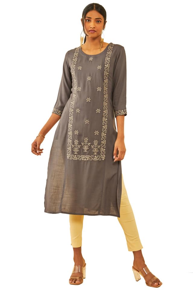 Soch Women Rayon Slub Zari Embroidered Panelled Straight Kurta