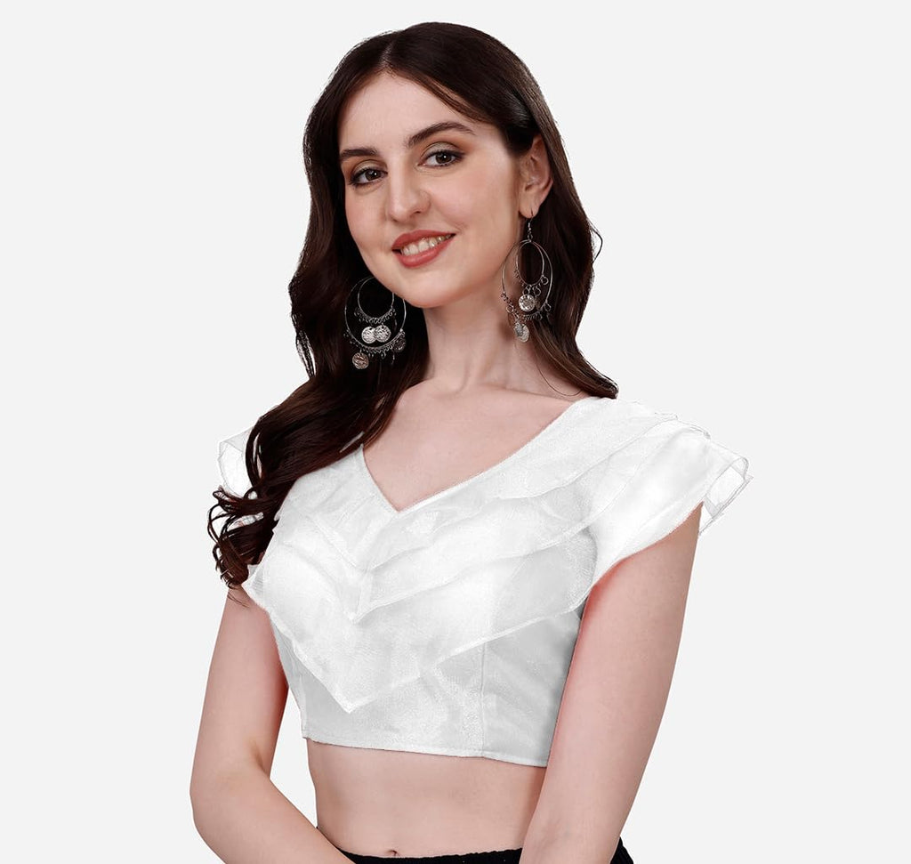Vihu Fashion WomenS V Neck Orgenza Three Layer Ruffle Sleeve Frill Readymade Saree Blouse