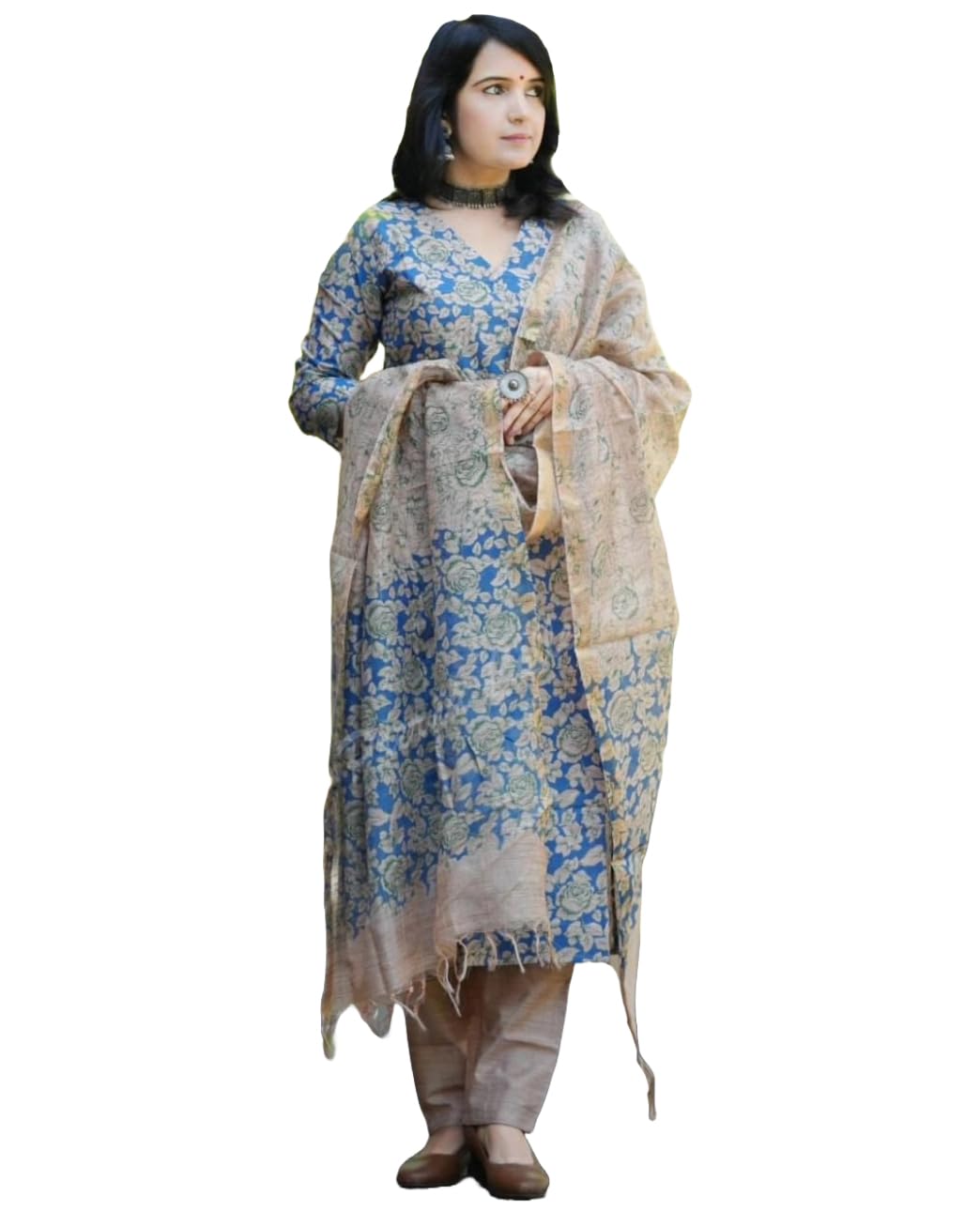ANNI DESIGNER Womens Cotton Blend Printed Straight Kurta with Pant & Dupatta (Moringa Blue-JL_XL_Blue_X-Large)