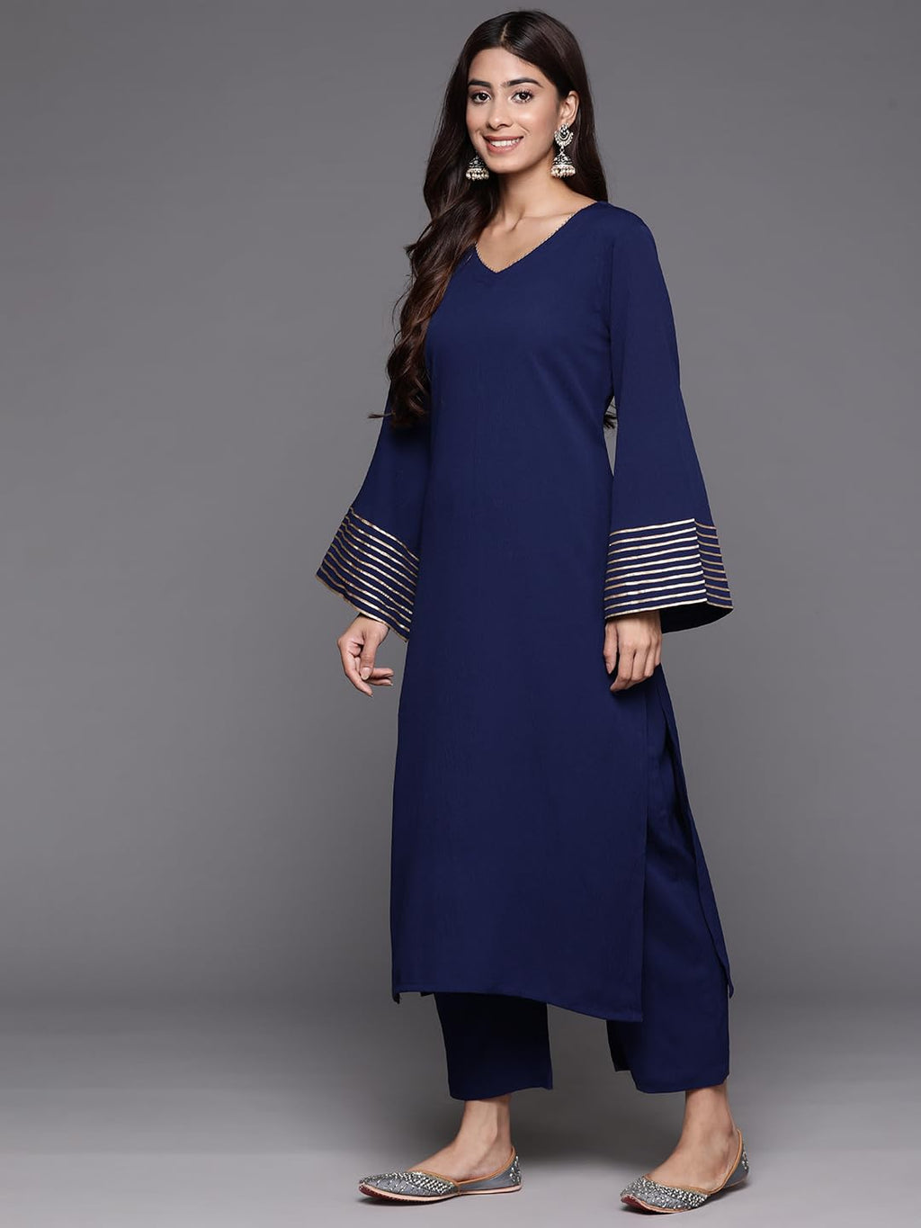 Varanga Women Navy Blue Solid V-Neck Embellished With Gota Straight Kurta Paired With Tonal Bottom And Dupatta  Elegant Ethnic W