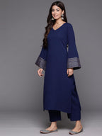 Varanga Women Navy Blue Solid V-Neck Embellished With Gota Straight Kurta Paired With Tonal Bottom And Dupatta  Elegant Ethnic W