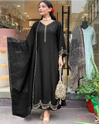 ANNI DESIGNER Womens Rayon Viscose Anarkali Embroidered Kurta with Pant & Dupatta (Ranibai Black_M_Black_Medium)