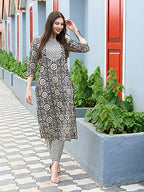 Anni Designer Women'S Cotton Blend Straight Printed Kurta With Pant Set (Vibi Grey_Xl_Grey_X-Large)
