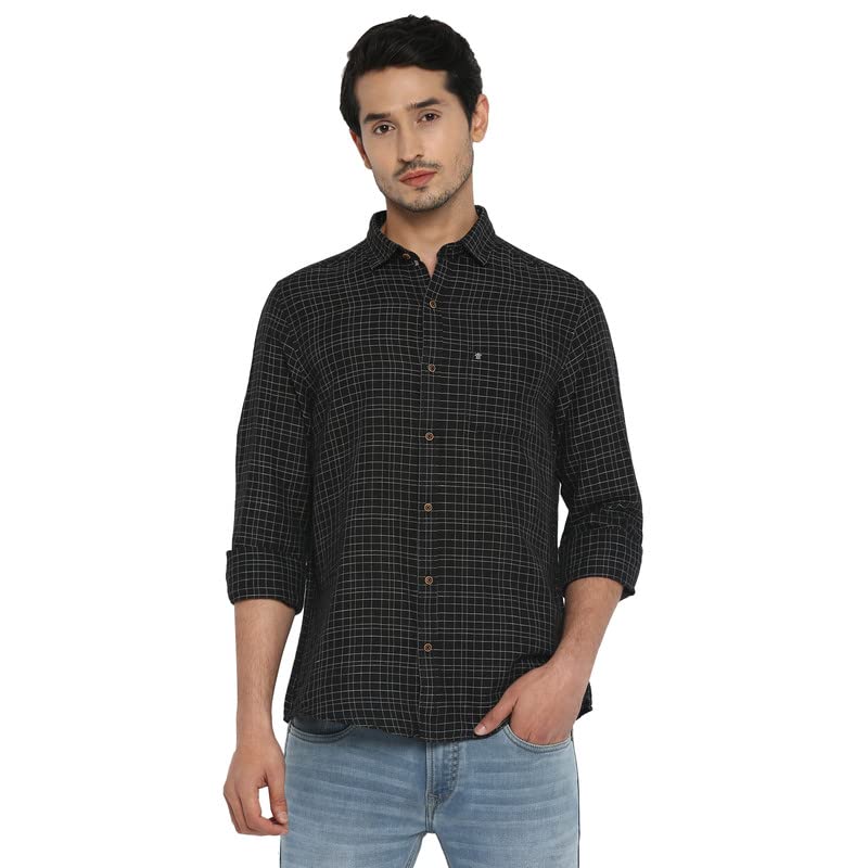 Turtle Men Cotton Linen Black Slim Fit Checkered Shirts