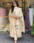 Anni Designer Women'S Chanderi Anarkali Printed Kurta With Pant & Dupatta