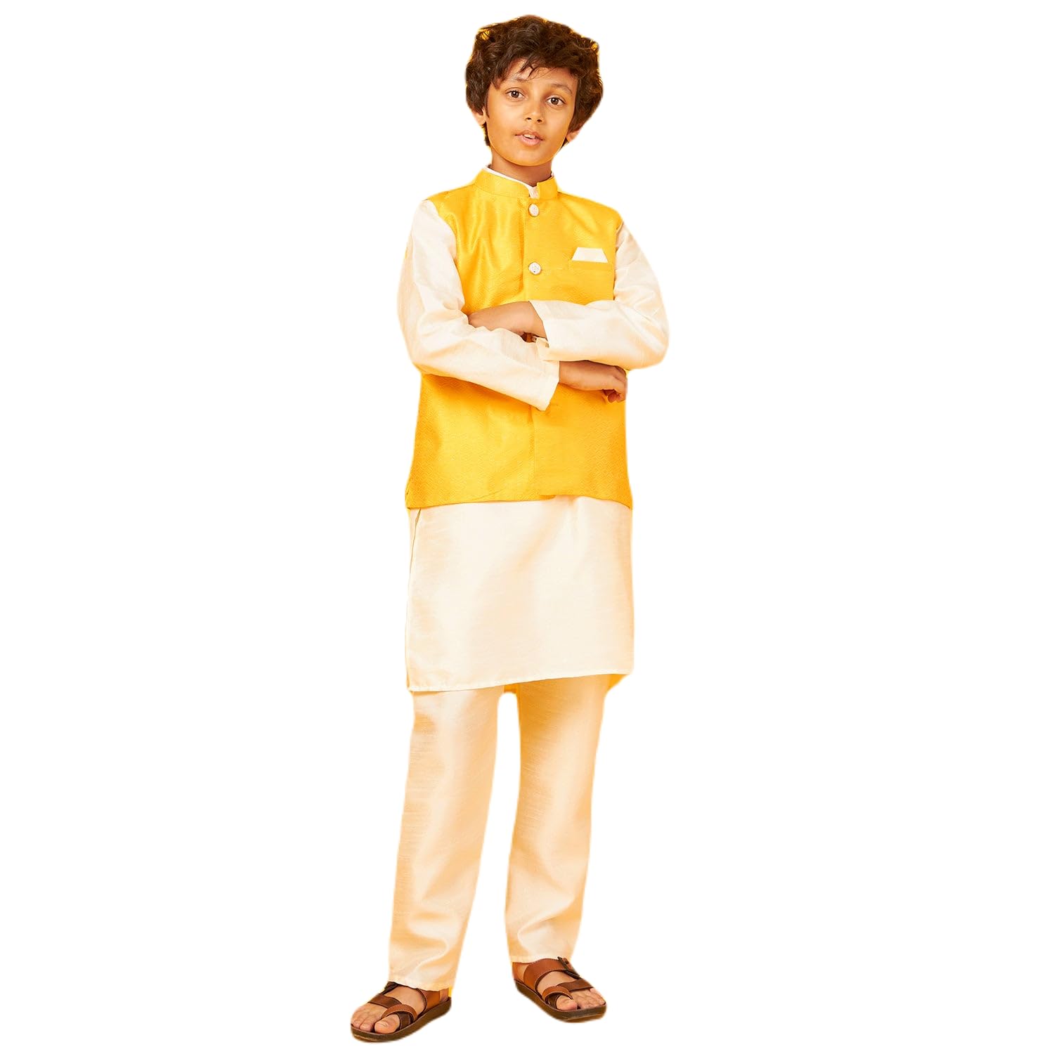 White Silk Kurta With Gold Bandi Pajama Set For Boy
