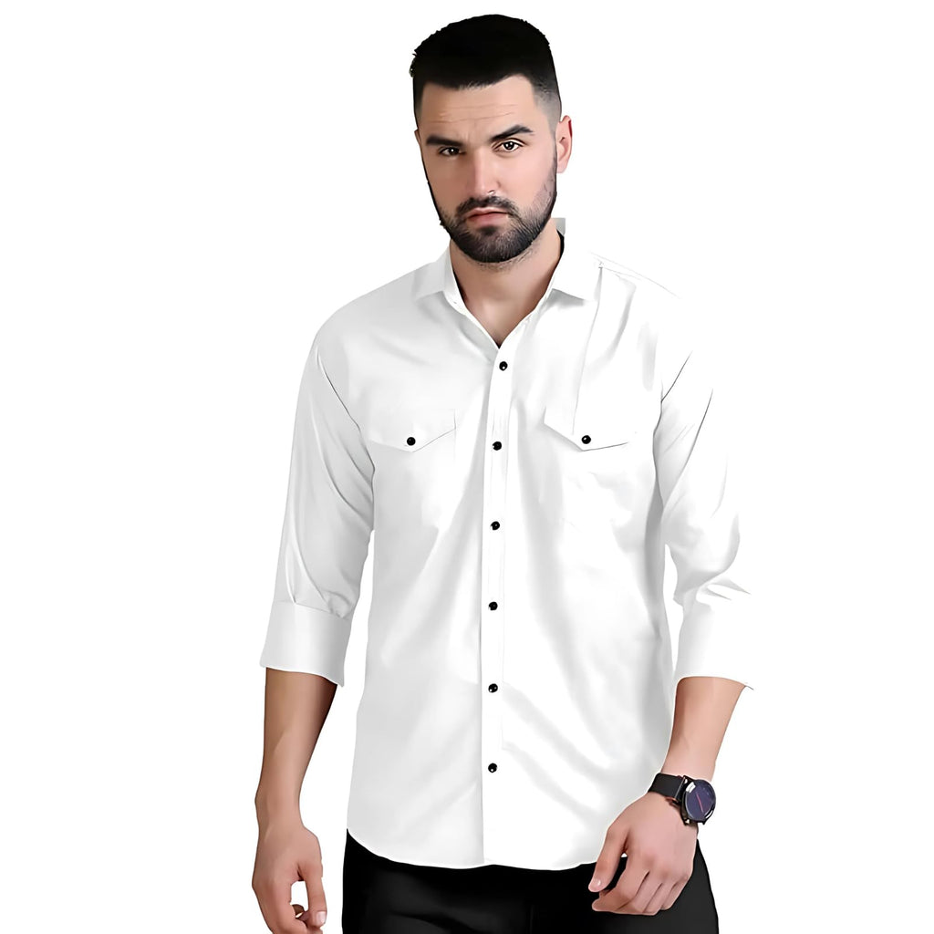 Rebelify MenS Cotton Blend Shirt With Pockets Full Sleeves Collared Neck Solid Pattern Botton Down Closure Relaxed Fit And Stan