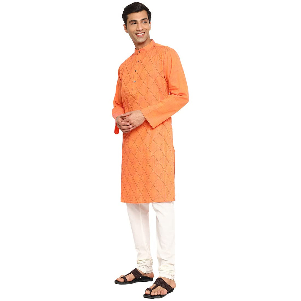 Fabindia MenS Cotton Pintucks Relaxed Kurta (102885402_Orange